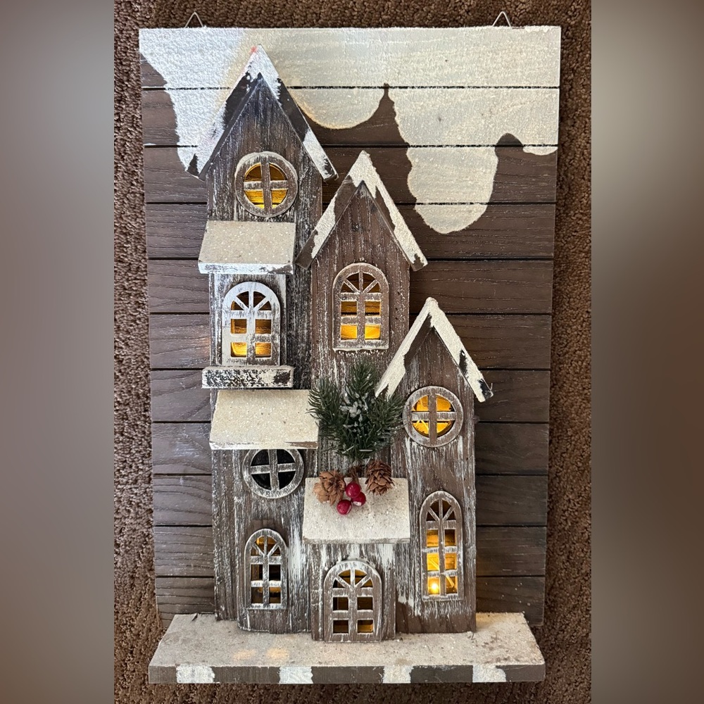 Wooden Lighted Christmas House Wall Decor 17.5 x 12 x 3 Holiday Winter Snow